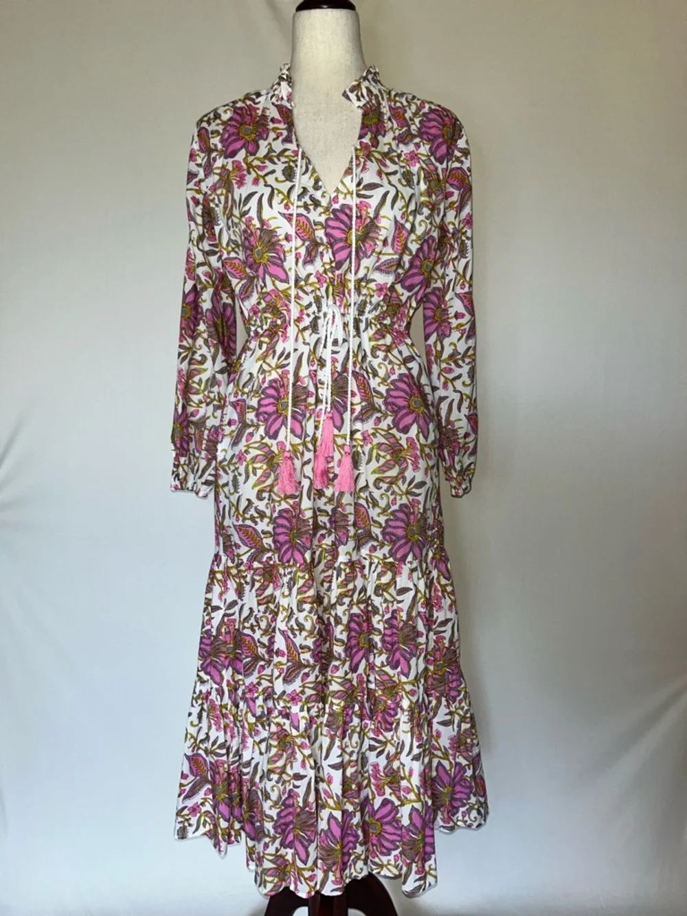 Mille Resort Floral Pink Tie-Front Tiered Maxi Dress with Tassel details - Picture 2 of 6
